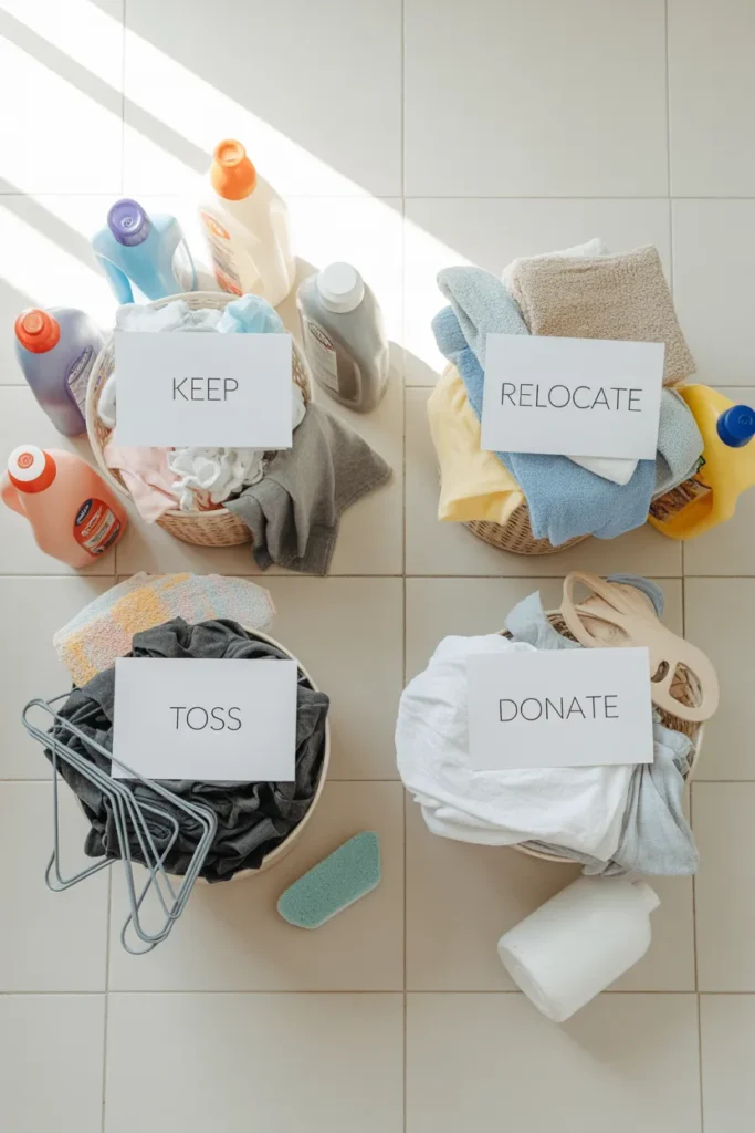 Laundry room decluttering checklist with four sorting piles showing how to start laundry room organization.