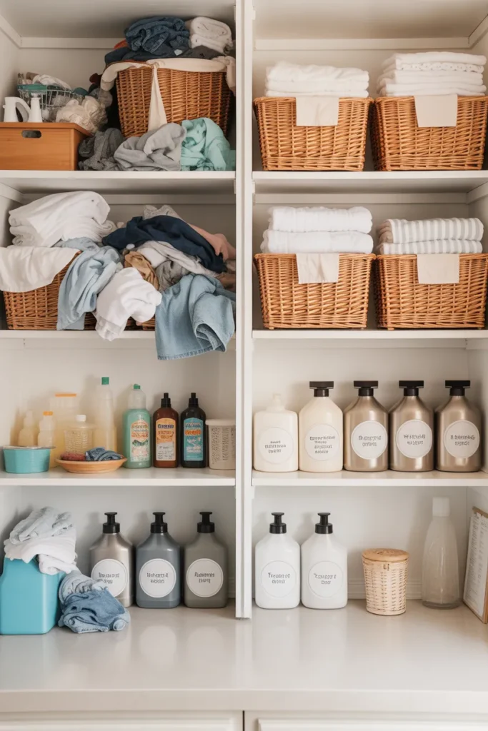  Laundry room organization before and after transformation showing decluttered space with labeled storage and clean surfaces.