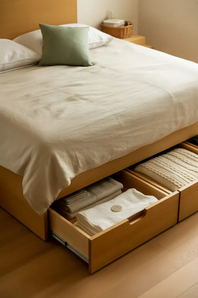 Light oak storage bed with built-in drawers holding folded linens, a top studio apartment organization hack.