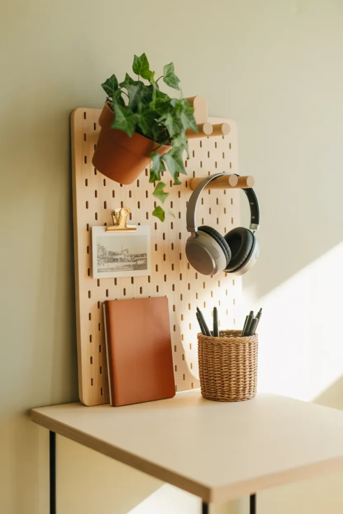 Light wood pegboard above a desk holding plants, headphones, and notebooks in an organized studio apartment work zone.