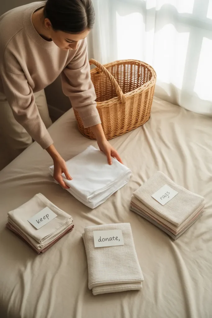  Linen closet audit with three sorted piles for keeping, donating, and repurposing.
