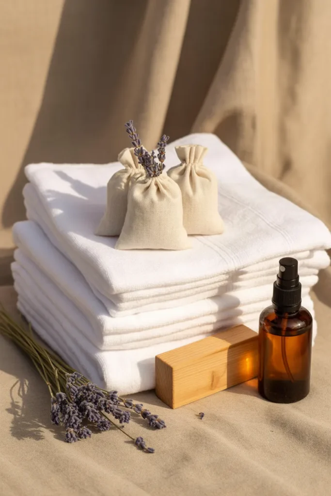  Linen closet freshness system with lavender sachets, a cedar block, and linen spray on folded towels.