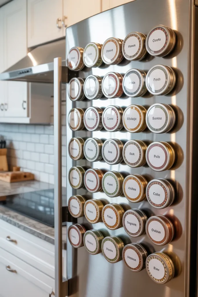 Magnetic spice tins with clear lids stuck to stainless steel fridge side in modern kitchen