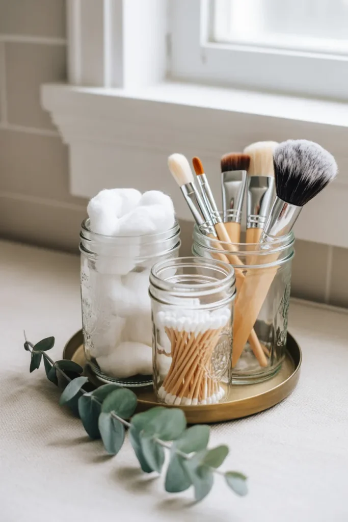 Mason jar bathroom storage ideas — aesthetic organization for small bathrooms and renters.