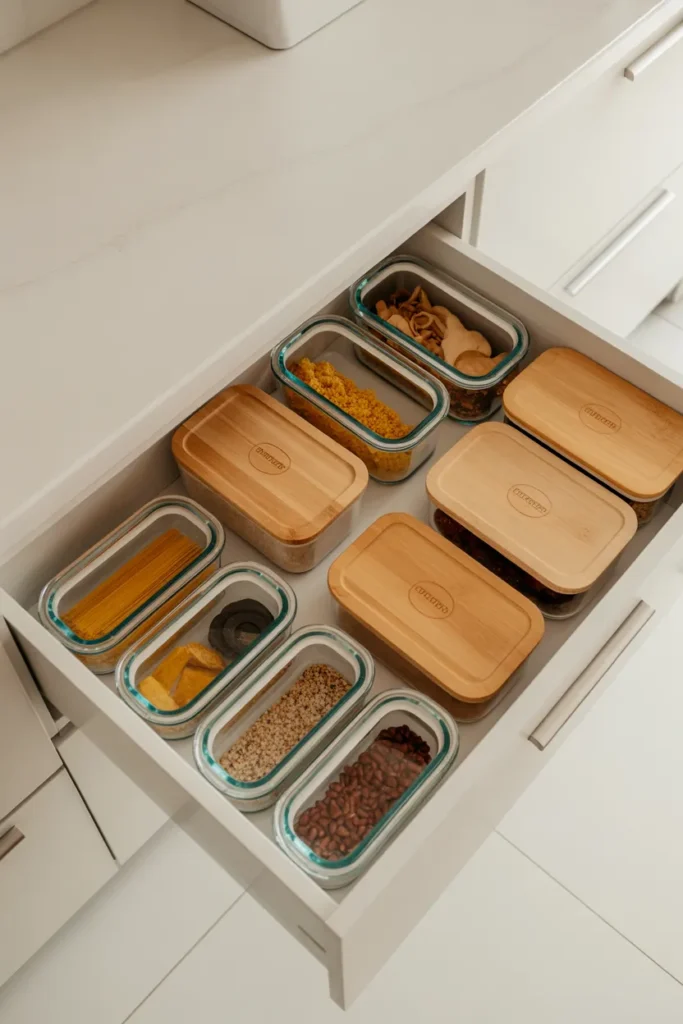 Matching food storage containers organized neatly in a drawer for a tidier kitchen