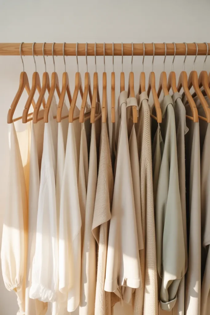 Matching oat velvet slim hangers on an oak closet rod for a clean budget closet makeover