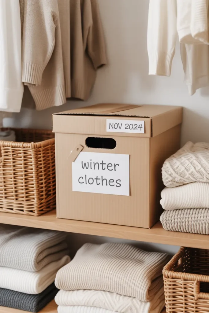 Maybe bin decluttering method with labeled box for bedroom organization and declutter process