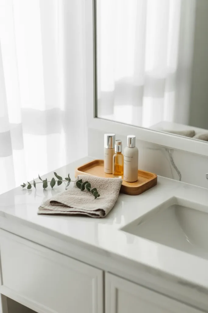 Minimalist bathroom vanity with essentials only after decluttering old makeup