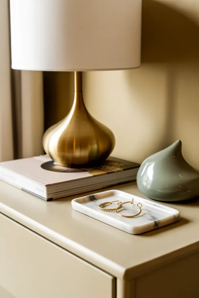  Minimalist nightstand organization ideas with lamp book and jewelry tray for calmer morning routine