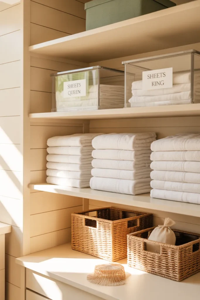 Modern farmhouse linen closet organization with labeled clear bins and folded white towels.