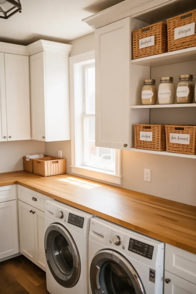 Modern organized laundry room with white cabinets, woven baskets, and labeled detergent jars showing smart laundry room organization ideas.