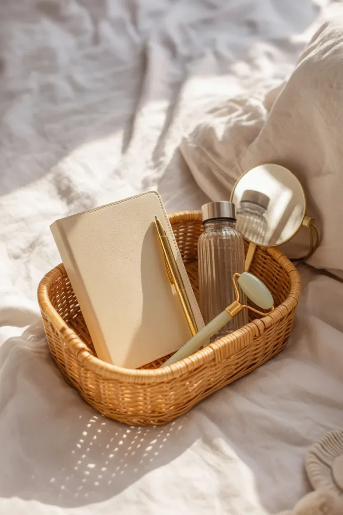 Morning essentials basket for calm routine with journal water bottle and face roller on bed