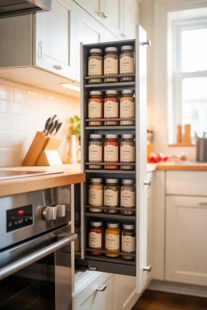 Narrow pull out spice rack between stove and cabinets with labeled glass jars