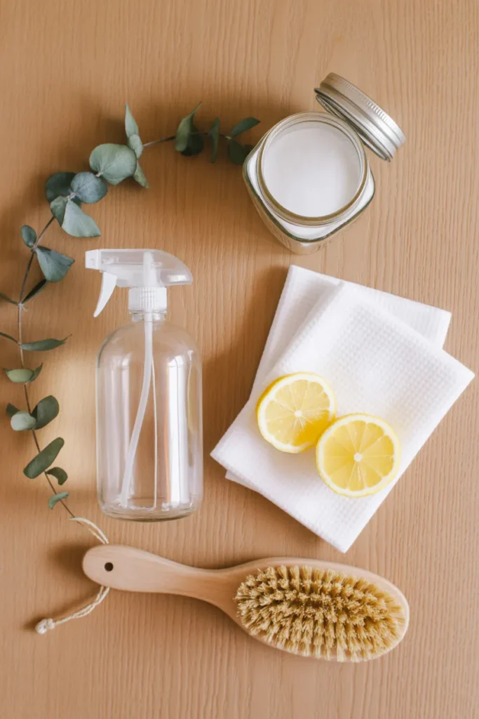 Natural spring cleaning supplies flat lay with vinegar baking soda and microfiber cloths