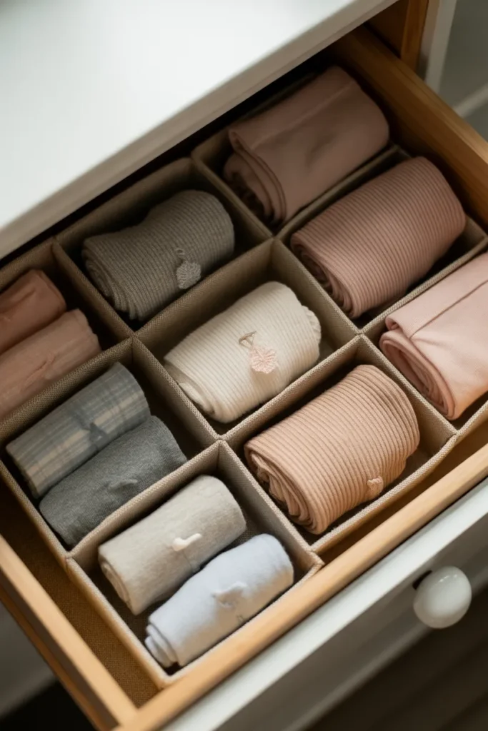 Neatly folded socks and underwear organized in a dresser drawer with dividers