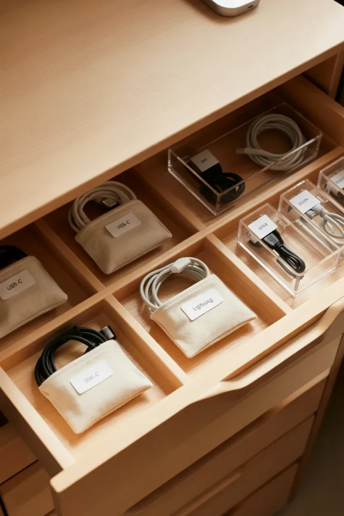 Neatly organized cables and chargers in labeled pouches for a decluttered home