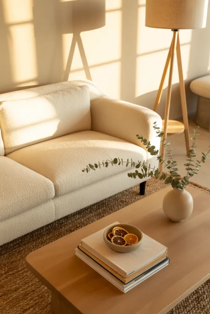 Neutral cozy living room styled after Thursday weekly cleaning