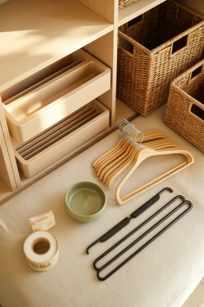Organic modern closet makeover supplies on cream linen including oak dividers, seagrass bins, and velvet hangers