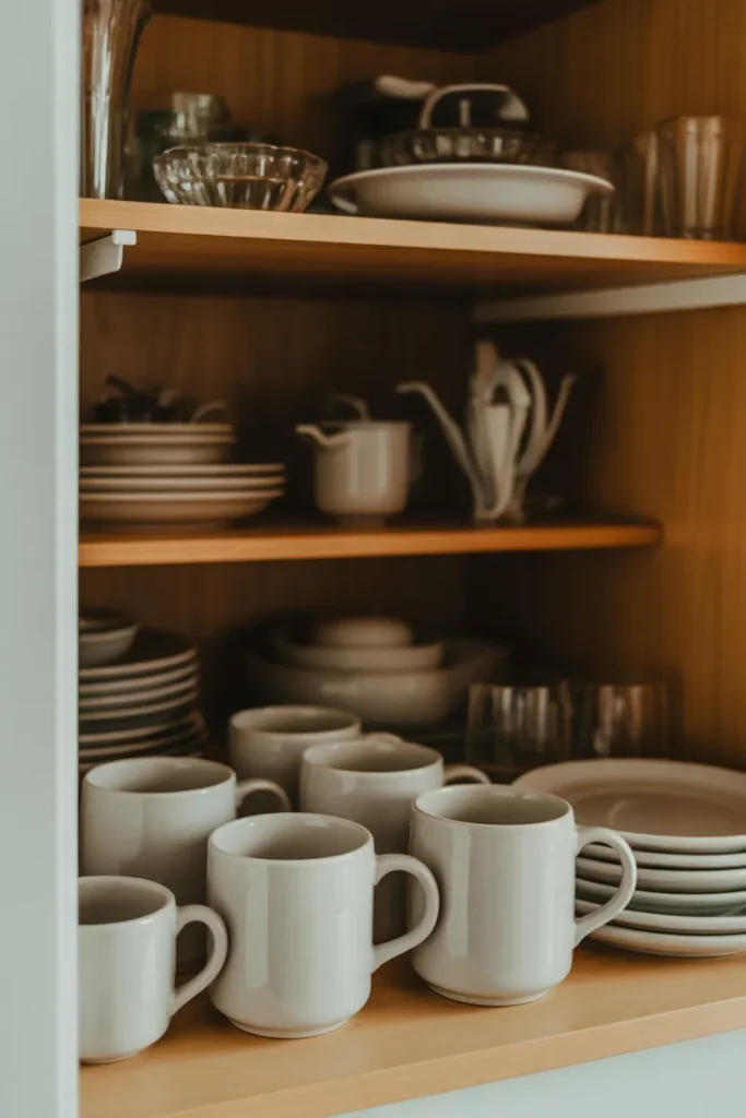 Organize kitchen cabinets by placing everyday items at eye level
