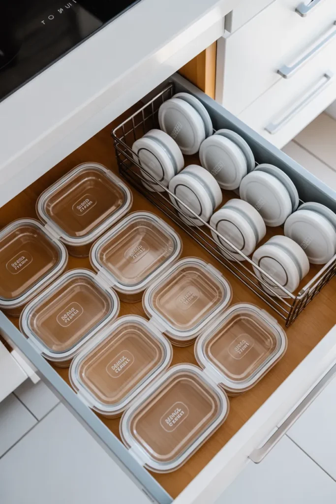 Organized Tupperware drawer with nested containers and vertical lids