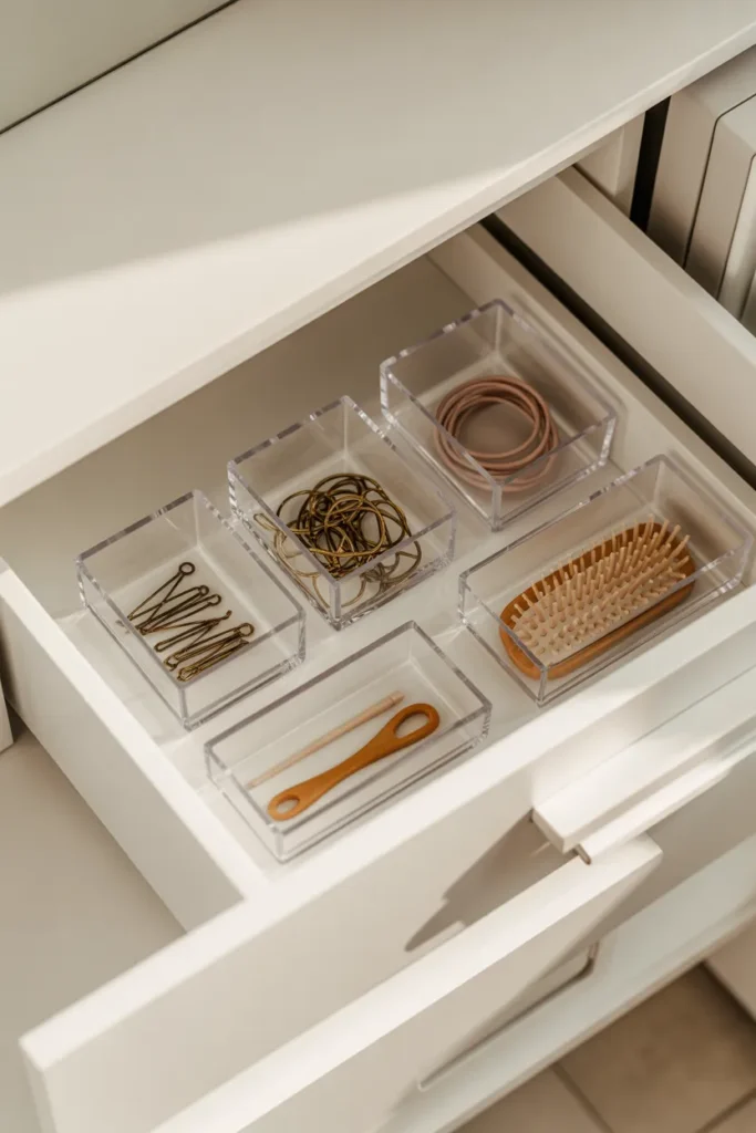 Organized bathroom drawer with hair accessories sorted in clear dividers