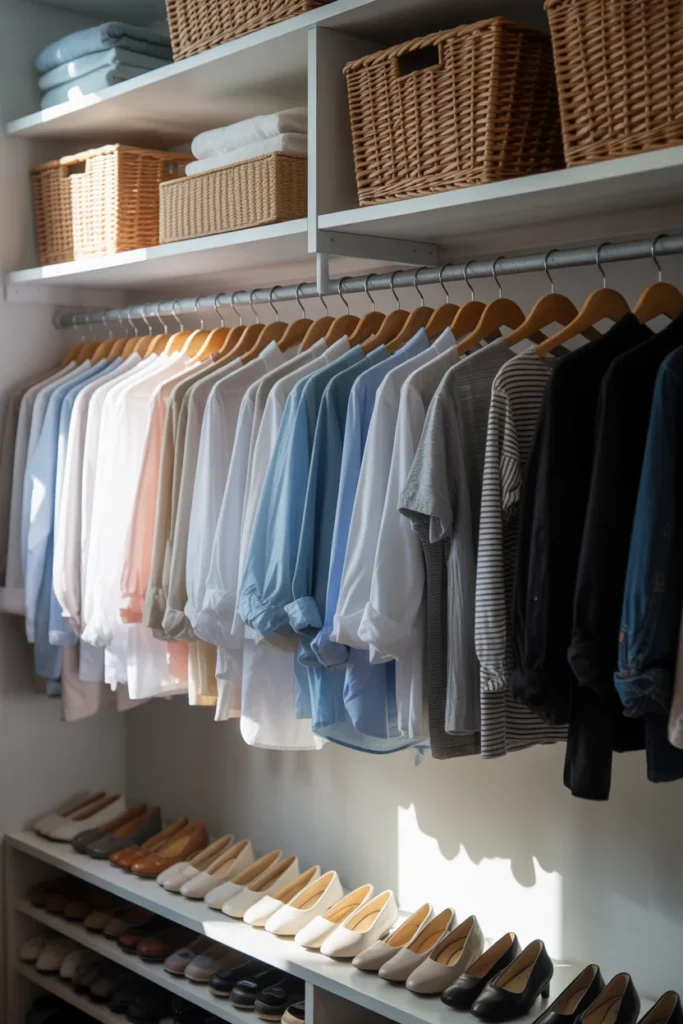 Organized bedroom closet after completing the 30 day declutter challenge week 3 tasks