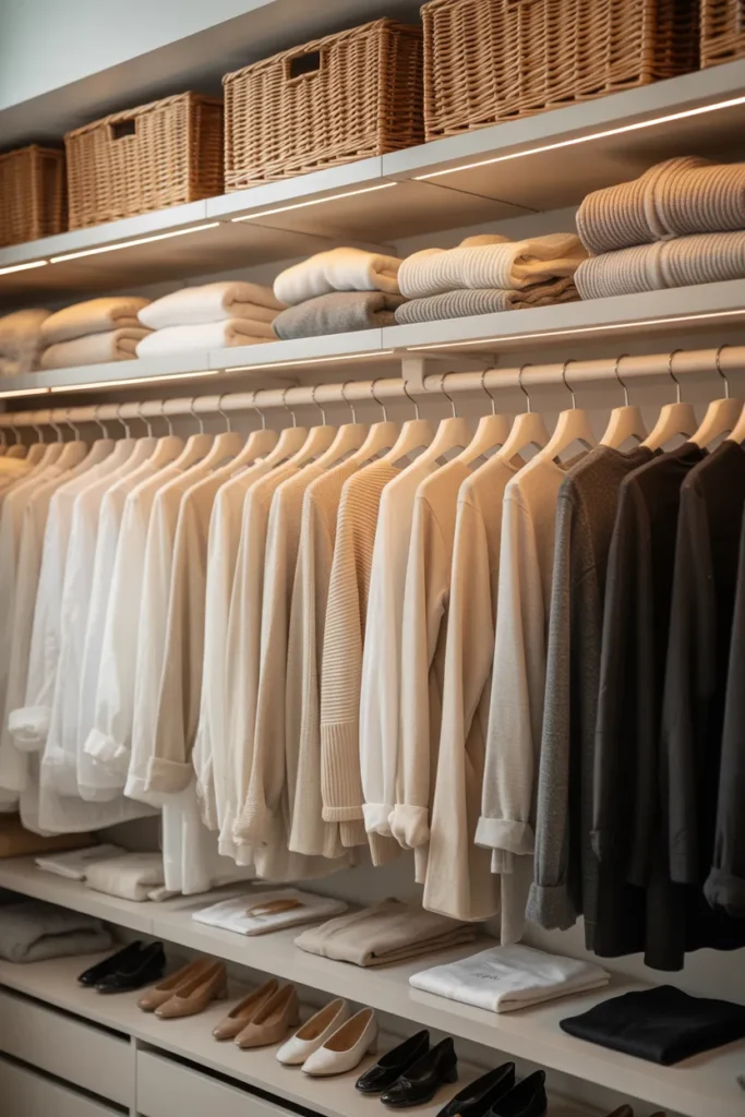 Organized bedroom closet with color coordinated velvet hangers and woven baskets for storage
