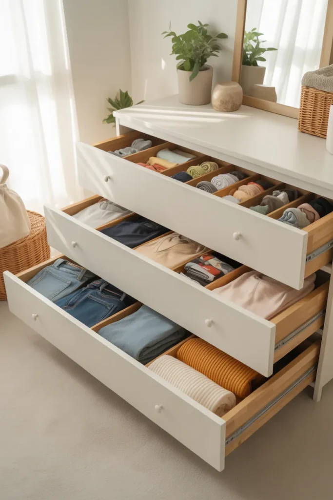 Organized dresser drawers with each drawer dedicated to one clothing category using KonMari method