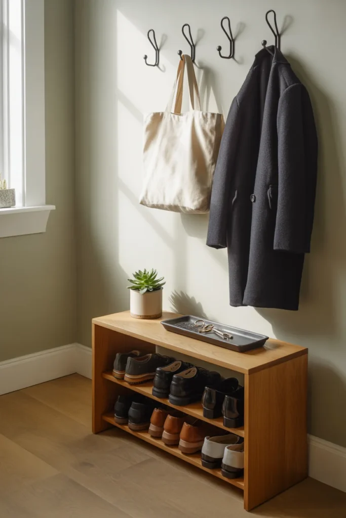 Organized entryway with shoe rack wall hooks and key tray showing simple decluttering solutions