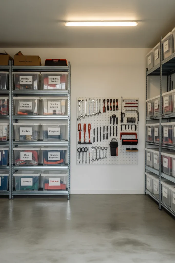Organized garage storage area with labeled bins pegboard tool storage and clean shelving system