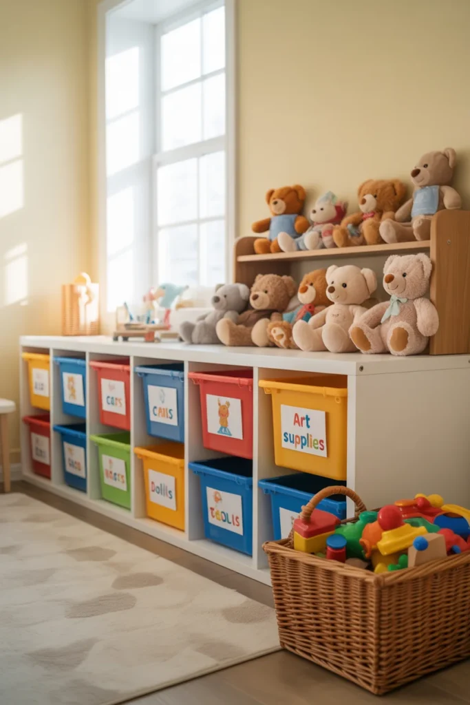 Organized kids playroom with labeled toy bins stuffed animal shelf and basket storage system