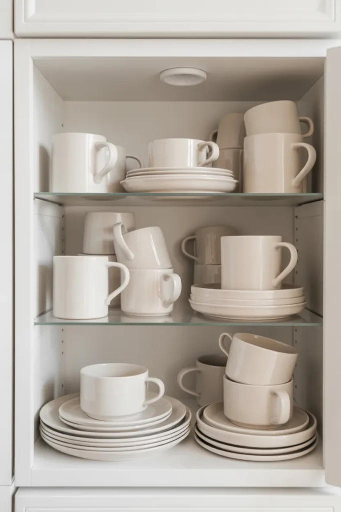 Organized kitchen cabinet with matching mugs and plates for a tidier kitchen