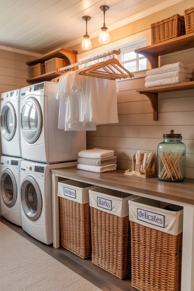 Organized laundry room with four zones for washing, drying, folding, and sorting using labeled hampers and folding countertop.
