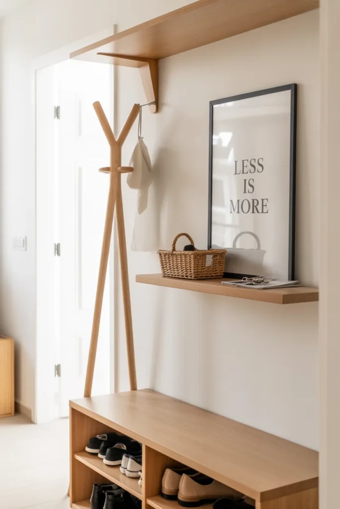Organized minimalist home entryway showing how to maintain a clutter-free home after finishing a 30 day declutter challenge
