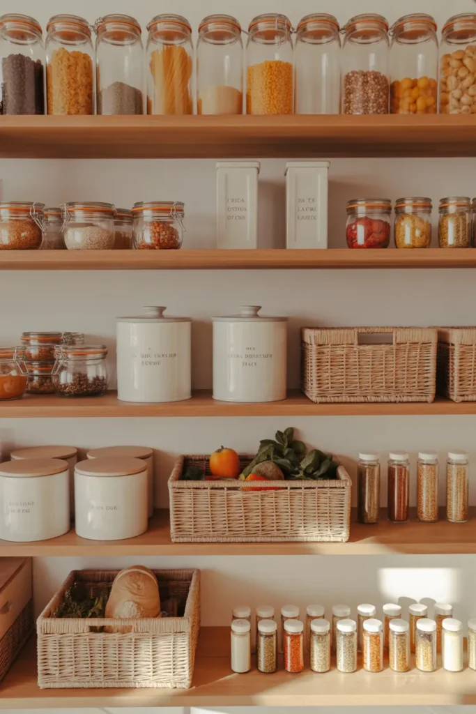 Organized pantry shelves with clear jars and labels for a decluttered kitchen