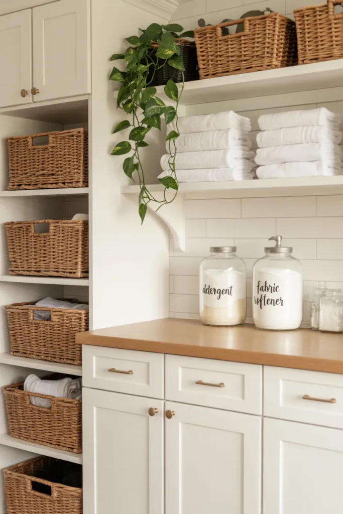 Organized small laundry room with glass detergent jars and woven baskets for spring cleaning