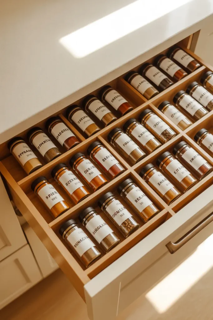 Organized spice drawer with uniform clear glass jars and white labels for easy kitchen spice storage