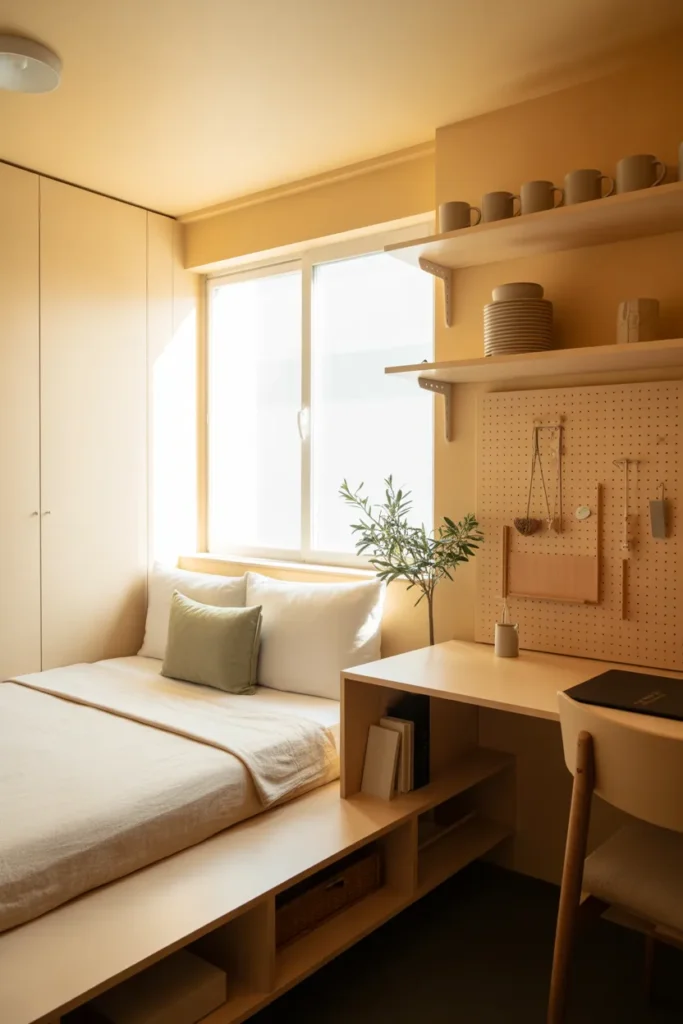 Organized studio apartment with under-bed storage, floating shelves, and a pegboard work zone in warm daylight.