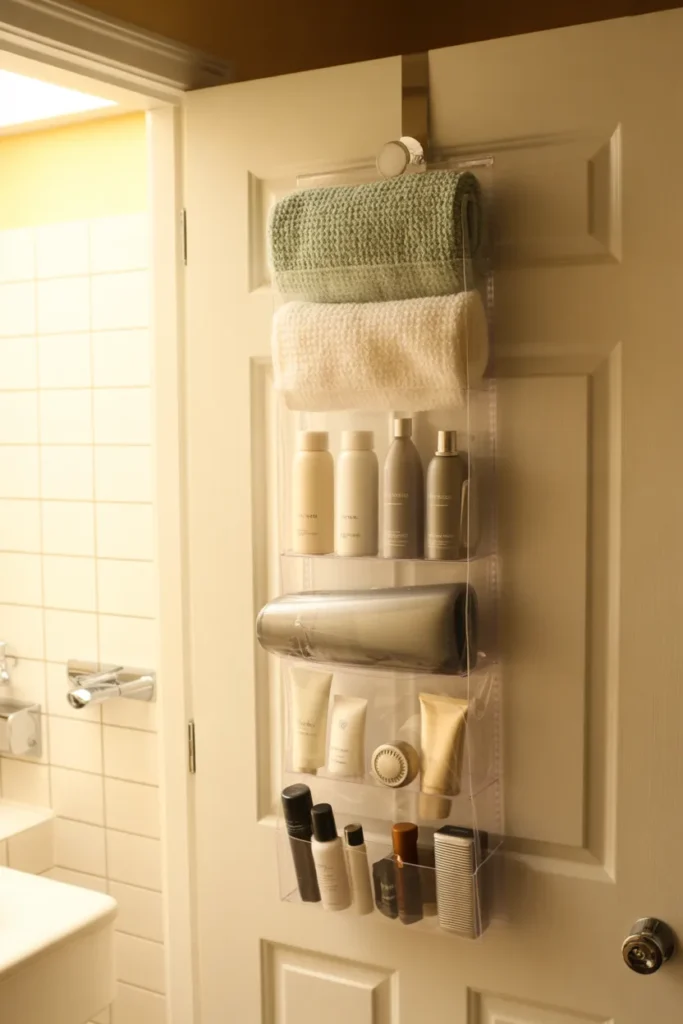 Over-the-door bathroom organizer for renters — clever small bathroom storage solution without drilling.