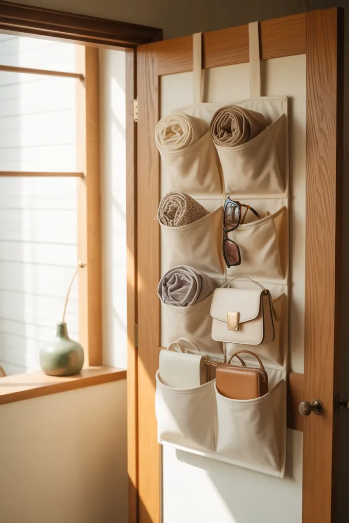 Over-the-door canvas organizer storing accessories during a budget closet makeover