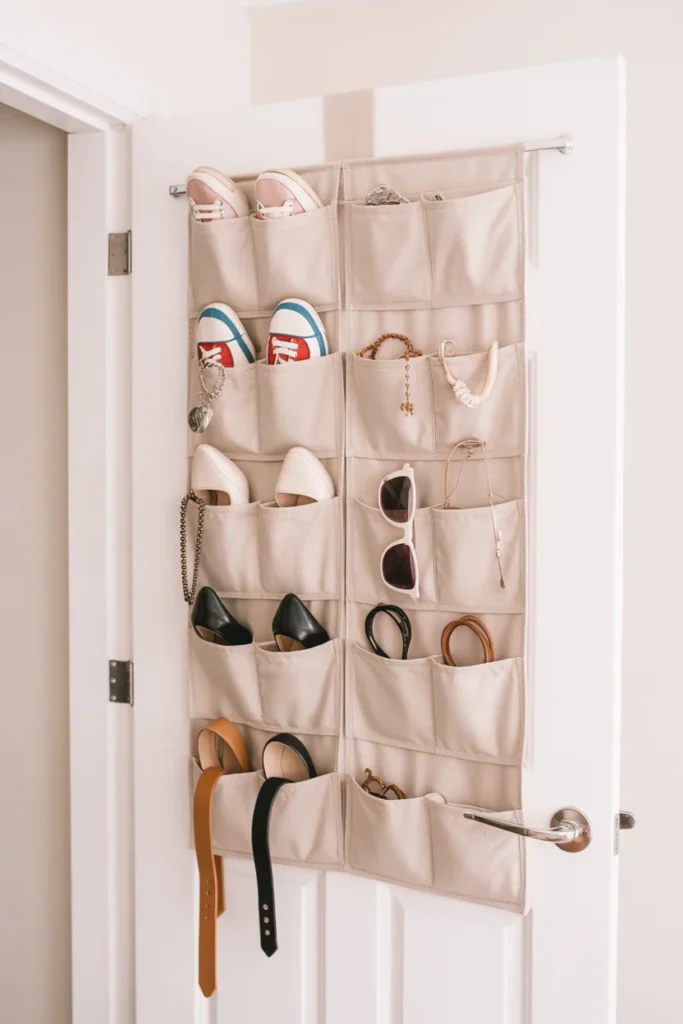 Over-the-door organizer holding shoes and accessories to maximize small closet space
