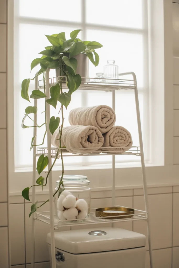 Over-the-toilet storage shelf — no drill bathroom organization idea for small spaces and renters.
