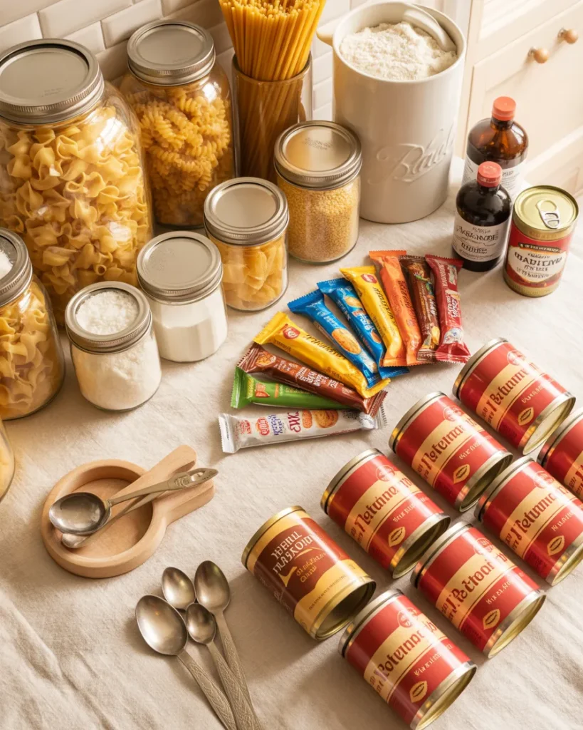 Pantry items grouped by category during a small pantry makeover