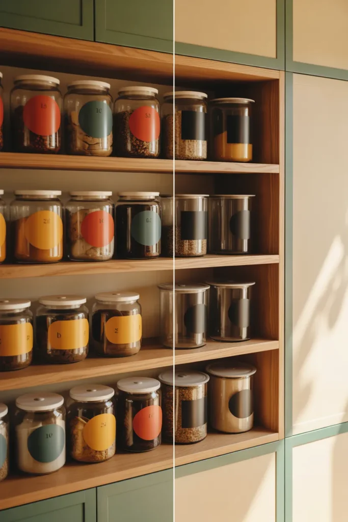 Pantry label mistakes versus correct labeling shown side by side on identical shelves.