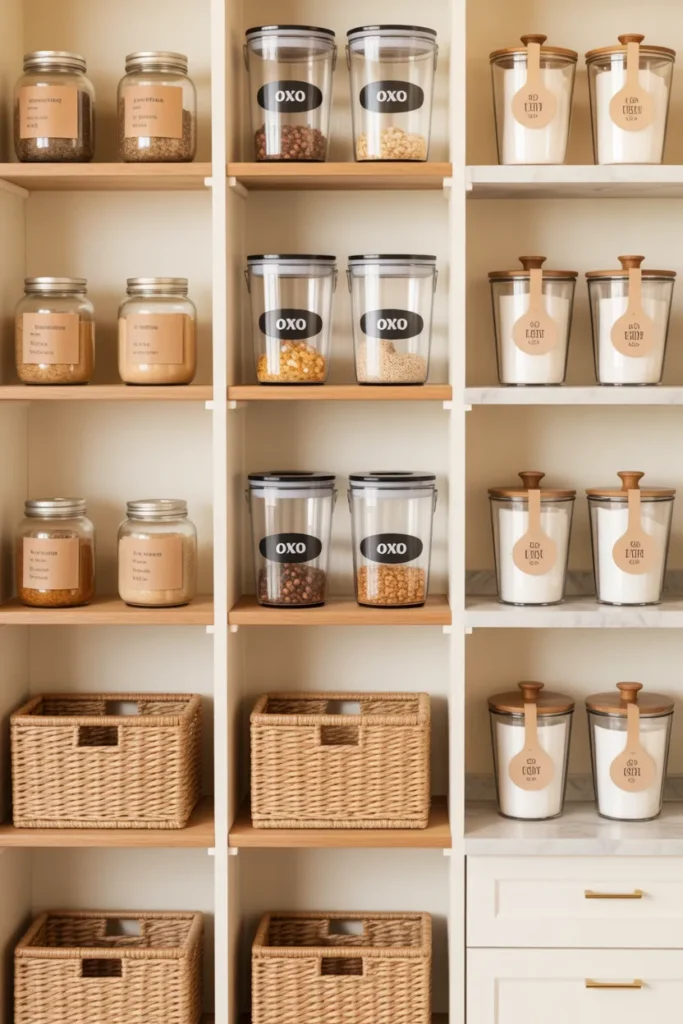 Pantry labels at three price tiers compared budget mason jars, mid-range OXO POP, and splurge brass-tag setup.