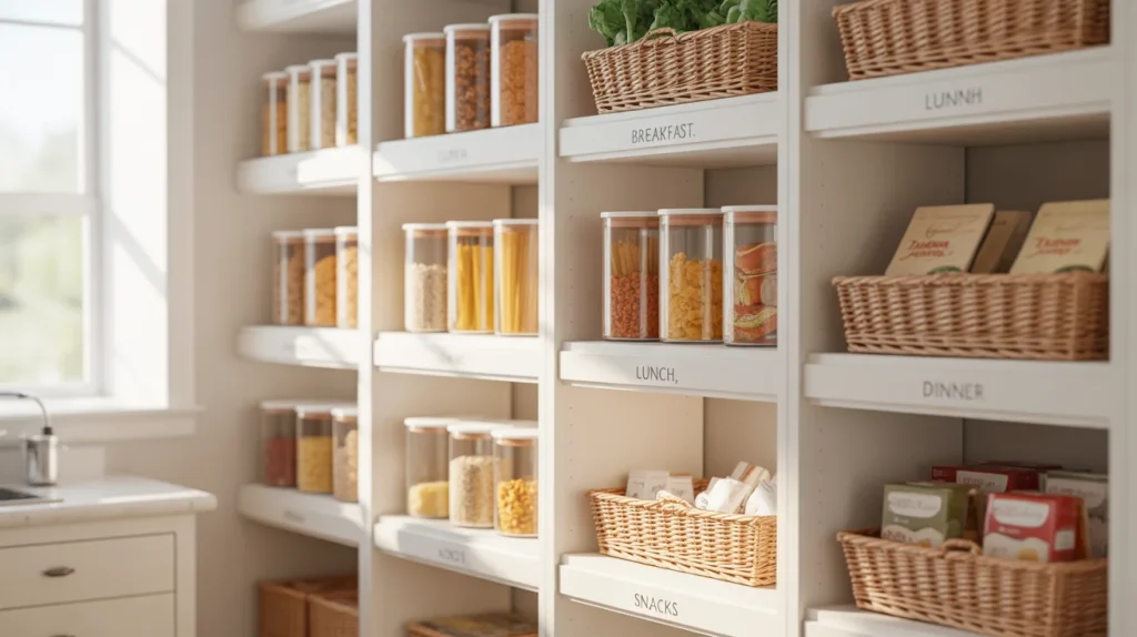 Pantry organization ideas showing four labeled meal-based zones with matching containers on white shelves for easy meal prep