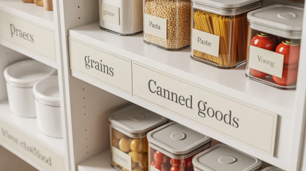 Pantry shelf labels and container labels creating a cohesive pantry organization system for easy meal prep and restocking