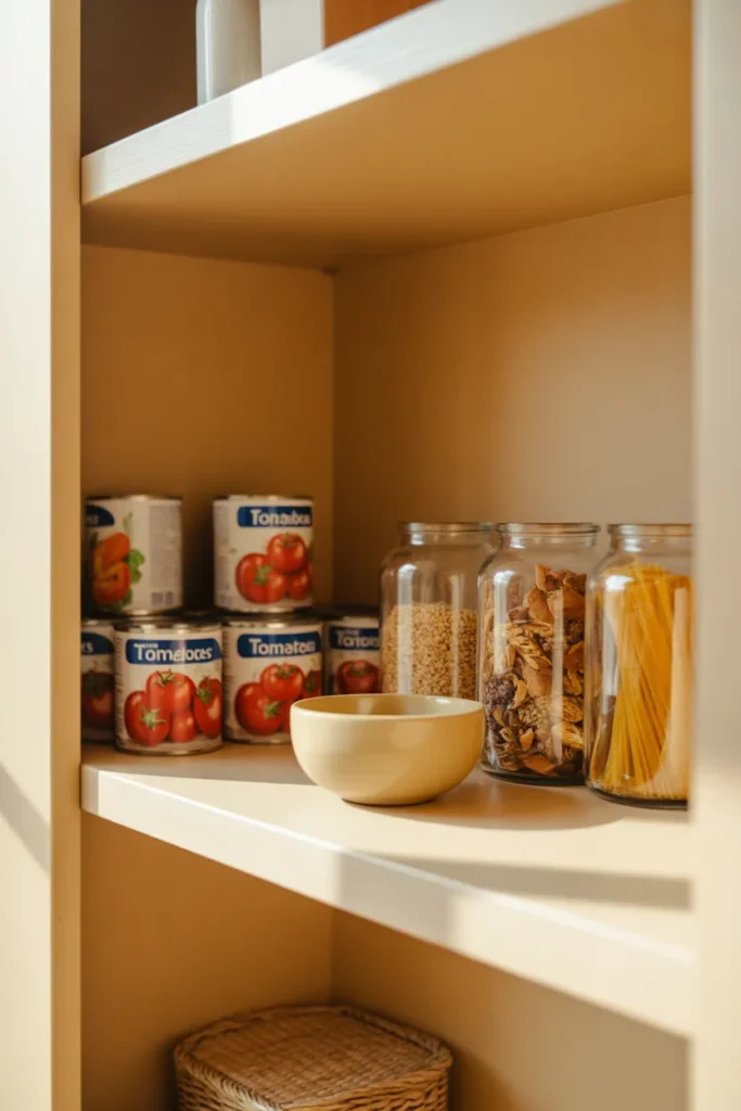 Pantry shelf with cans facing forward and glass jars of dry goods