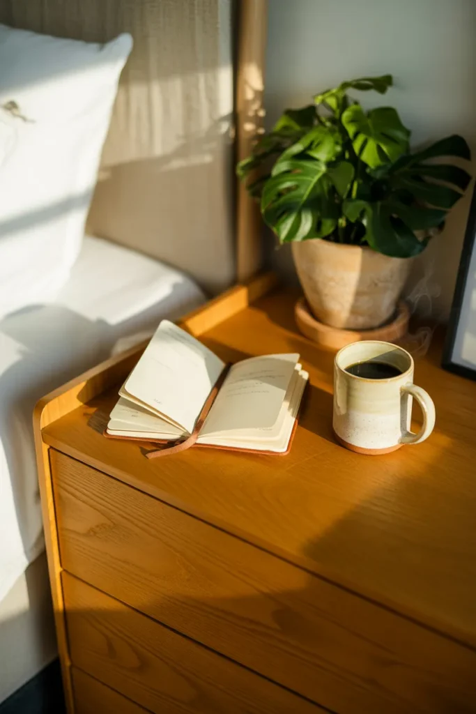 Peaceful bedroom with KonMari organized dresser drawers showing mindful minimalist home organization