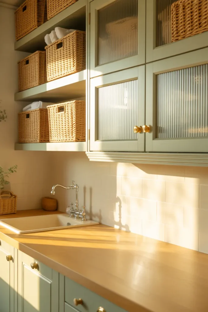  Pinterest laundry room with butcher block counter, fluted glass cabinets, and brass hardware showing trending laundry storage ideas.